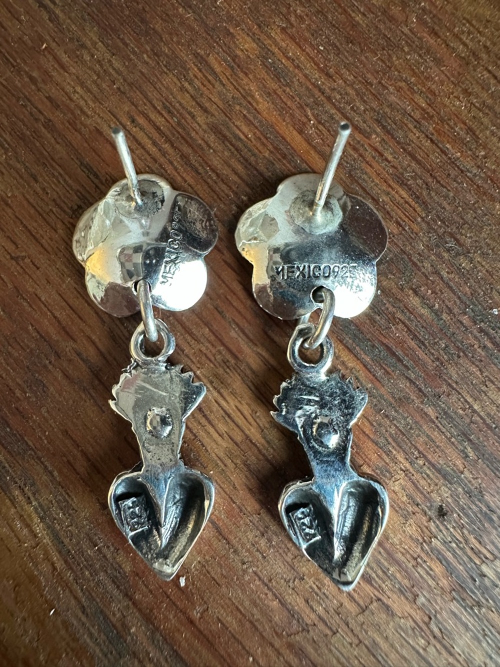Sterling Silver Taxco  Floral Heart Drop Earrings - - Picture 5 of 5